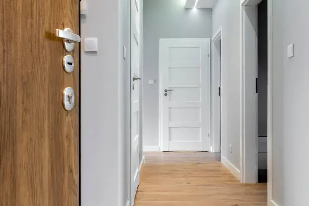 Corridor with wooden floor in modern apartment