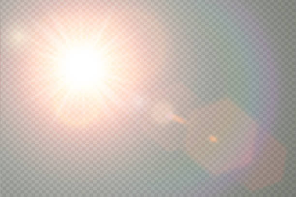 vektor transparent sonnenlicht spezialoptik flare lichteffekt. sonne mit warmen sonnenstrahlen blinken und scheinwerfer. abstrakte transluzente element dekorgestaltung. isolierte sterne platzen im himmel. - sun stock-grafiken, -clipart, -cartoons und -symbole