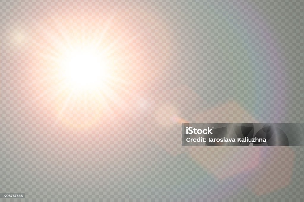 Vector transparente sol lentes especiales flare efecto de luz. Sun flash con cálidos rayos y proyector. Resumen diseño de elementos de decoración translúcida. Ráfaga de estrella aislada en cielo. - arte vectorial de Resplandor del objetivo libre de derechos