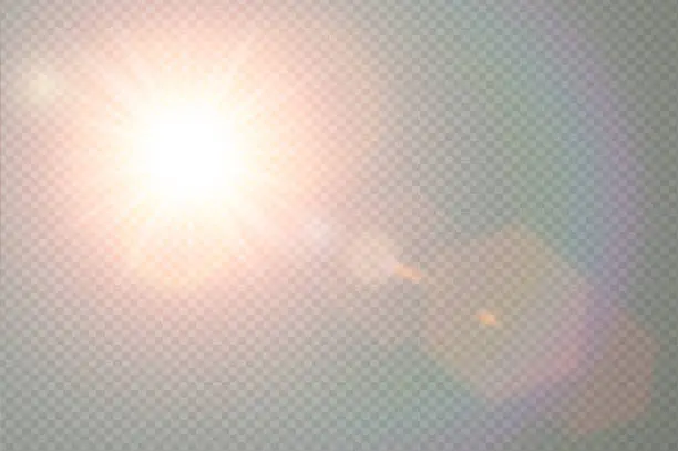 Vector illustration of Vector transparent sunlight special lens flare light effect. Sun flash with warm rays and spotlight. Abstract translucent decor element design. Isolated star burst in sky.