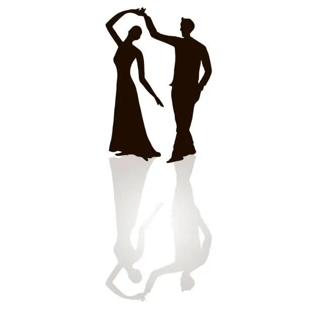 Vector illustration of Black silhouette figures of dancing man and woman on white, grey shadow, tango dancing