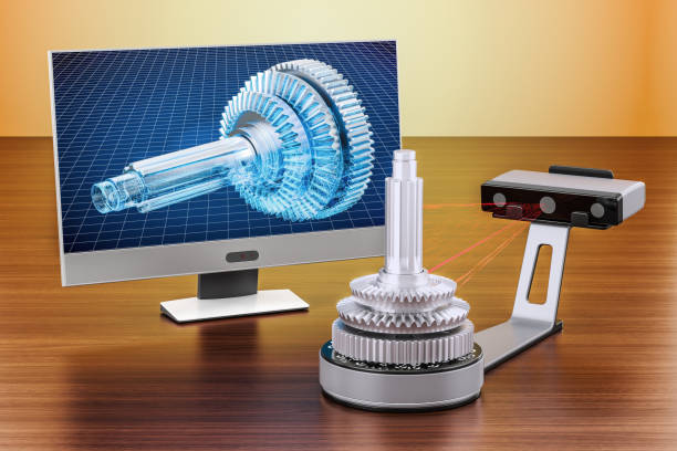 istock 3d scanner scanning of object with computer monitor on the wooden table. 3D rendering 908741788