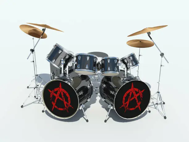 Photo of Drum set with anarchy sign. 3D Render