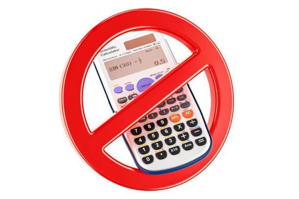 istock Forbidden sign with scientific calculator, 3D rendering isolated on white background 908742524