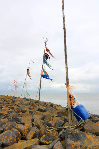 istock Poles with colored plastic on breakwater near Harlingen 908745236