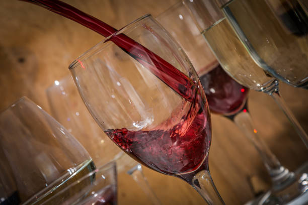 istock Wine tasting concept - glass with different wine on marble background 908747766