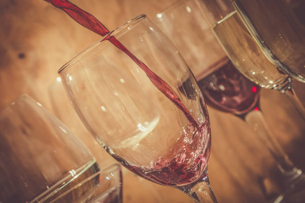 istock Wine tasting concept - glass with different wine on marble background 908747804