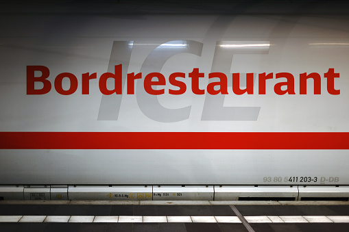 Frankfurt, Germany - December 04, 2017: The exterior and chassis of the on-board restaurant of an ICE express train of Deutsche Bahn on 4 December 2017 in Frankfurt.