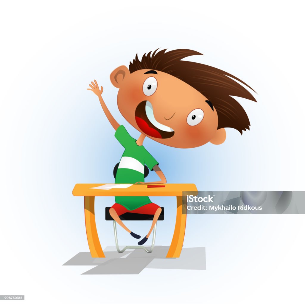 Clever Cartoon School Boy Sitting Stock Illustration - Download Image Now -  Hand Raised, Child, Arms Raised - iStock
