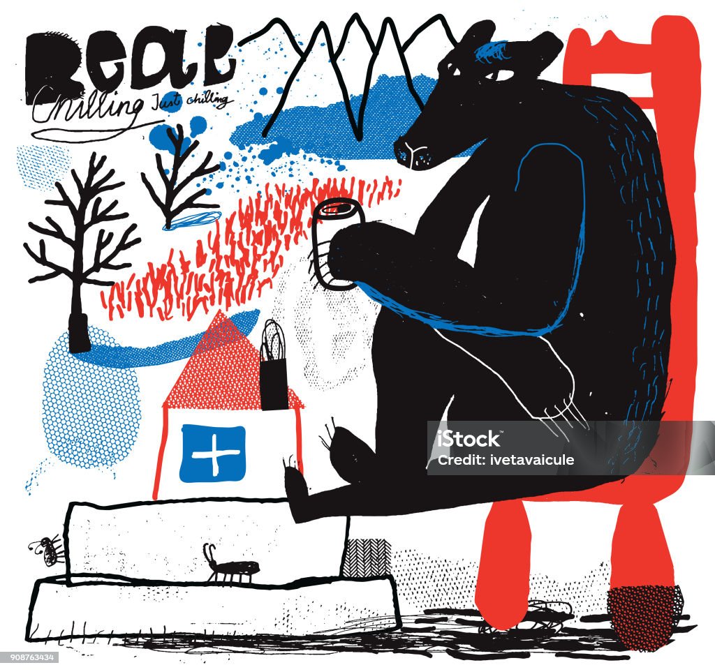 Bear sitting near the house Vector illustration of hand drawn bears collection. Bear resting, meditating, chilling or contemplating while sitting on the designer chair Image Montage stock vector