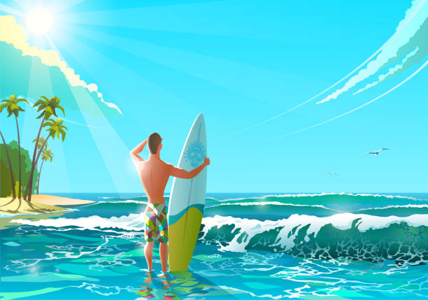 ilustrações de stock, clip art, desenhos animados e ícones de ocean beach  illustration. athletic man standing on the beach with surfboard. funny character man - funnyface
