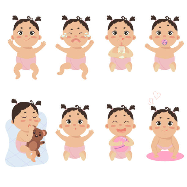 Cute little baby in diaper with different emotions Set with cute little baby in diaper with different emotions. Various face expressions. Happy newborn, infant cry, hold teddy bear, sleeping child, sad and crying girl, screaming baby. Colorful vector. crying baby cartoon stock illustrations