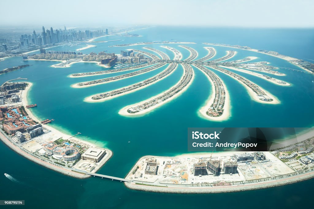 Aerial View Of Palm Island In Dubai An Artificial Jumeirah Palm Island On Sea, Dubai, United Arab Emirates Dubai Stock Photo