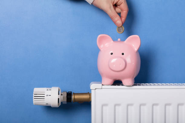 Person Inserting Coin In Piggy Bank A Person's Hand Inserting Coin In Piggy Bank On Radiator energy bill photos stock pictures, royalty-free photos & images