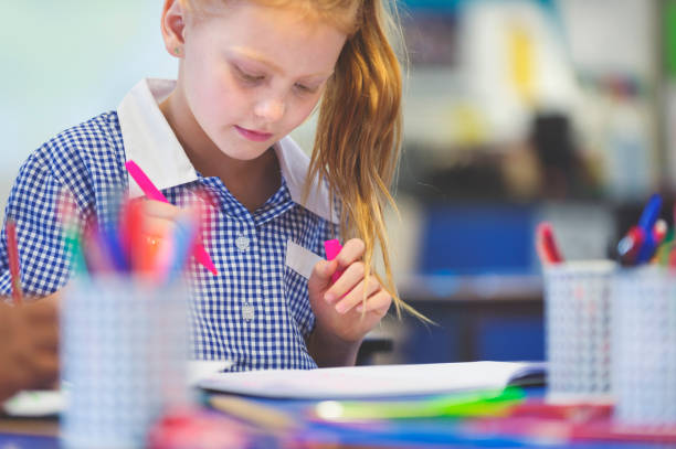 istock Schoolgirl working at a desk. 908815422