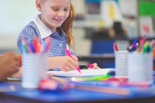 istock Schoolgirl working at a desk. 908815424