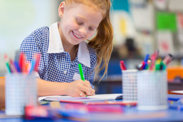 schoolgirl working at a desk. - elementary student classroom education elementary school building imagens e fotografias de stock