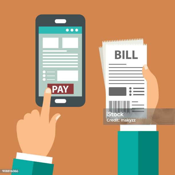 Mobile Payment Concept Pay Bills On Line Using A Mobile Phone To Bank And Shop On Line Flat Vector Illustration Stock Illustration - Download Image Now