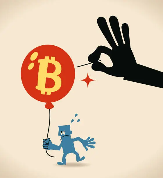 Vector illustration of Bitcoin has a big hand behind it, big hand using needle to prick (burst) Euro sign balloon