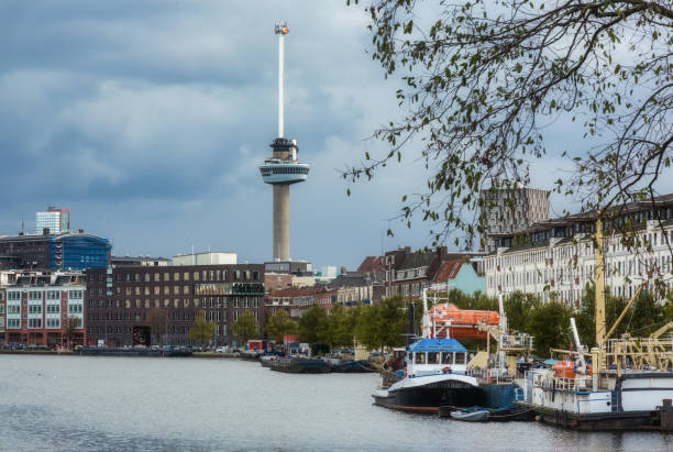 Euromast tower with marina ships in Rotterdam, Netherlands in November 5, 2017
