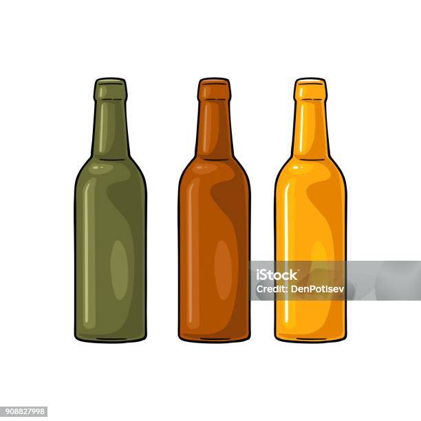 Open Beer Bottles With Green Yellow And Brown Glass Stock Illustration - Download Image Now