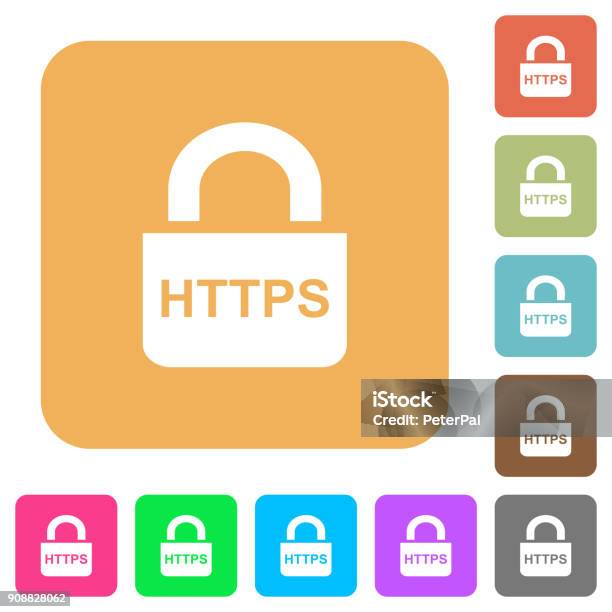 Secure Https Protocol Rounded Square Flat Icons Stock Illustration - Download Image Now - Building Entrance, Certificate, Circle
