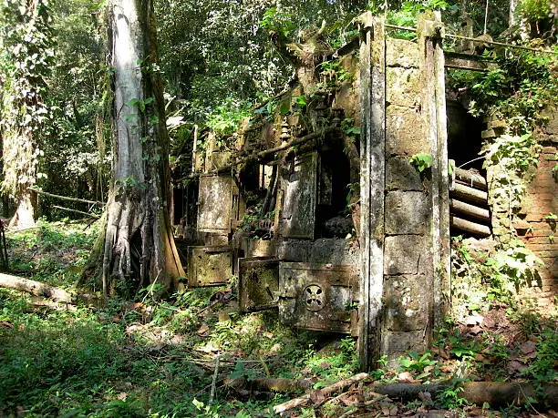 Gold smelter ruin in the rain forest at Cana, Panama.