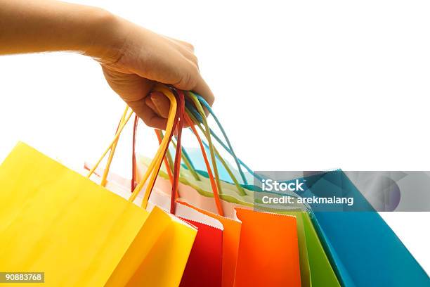 Five Colorful Paper Shopping Bags On A White Background Stock Photo - Download Image Now