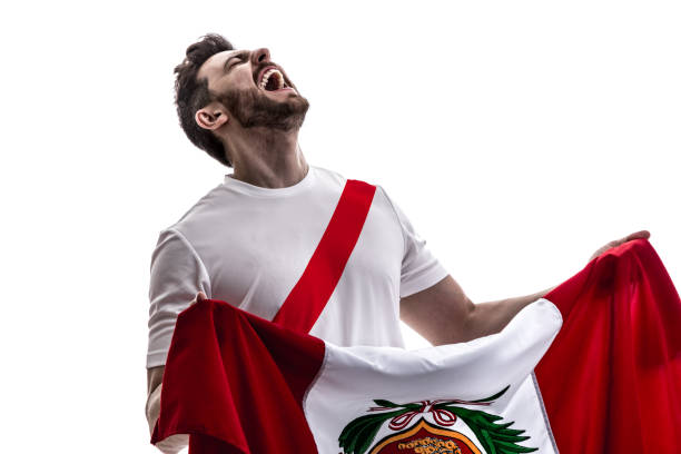 istock Peruvian male athlete / fan celebrating on white background 908875298