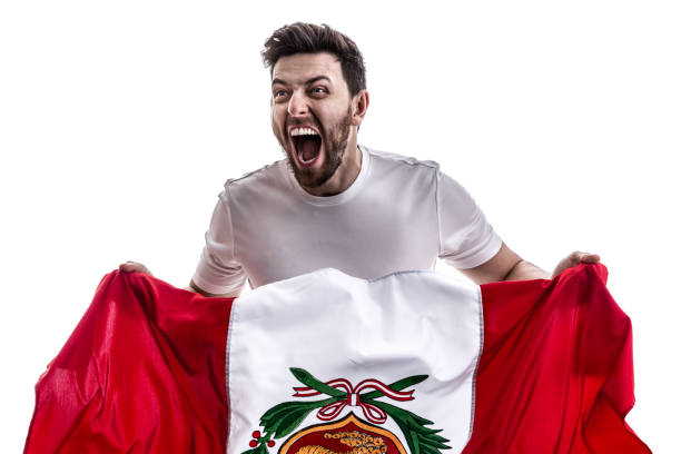istock Peruvian male athlete / fan celebrating on white background 908875306
