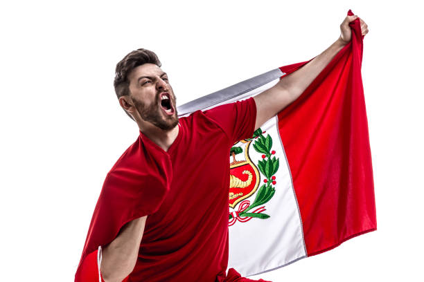 istock Peruvian male athlete / fan celebrating on white background 908875324