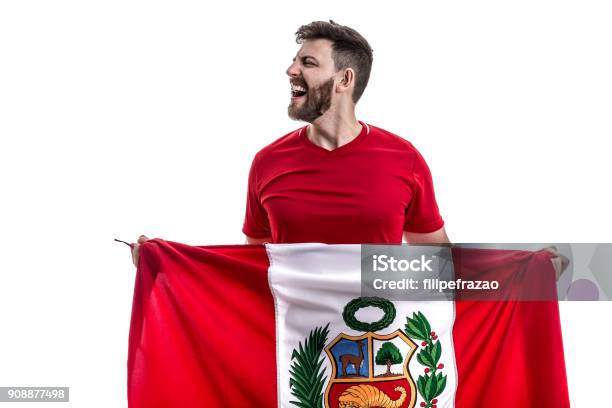 Peruvian Male Athlete Fan Celebrating On White Background Stock Photo - Download Image Now