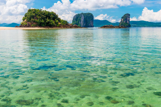 istock horizontal beautiful sea landscape with mountain view, clear water 908877550