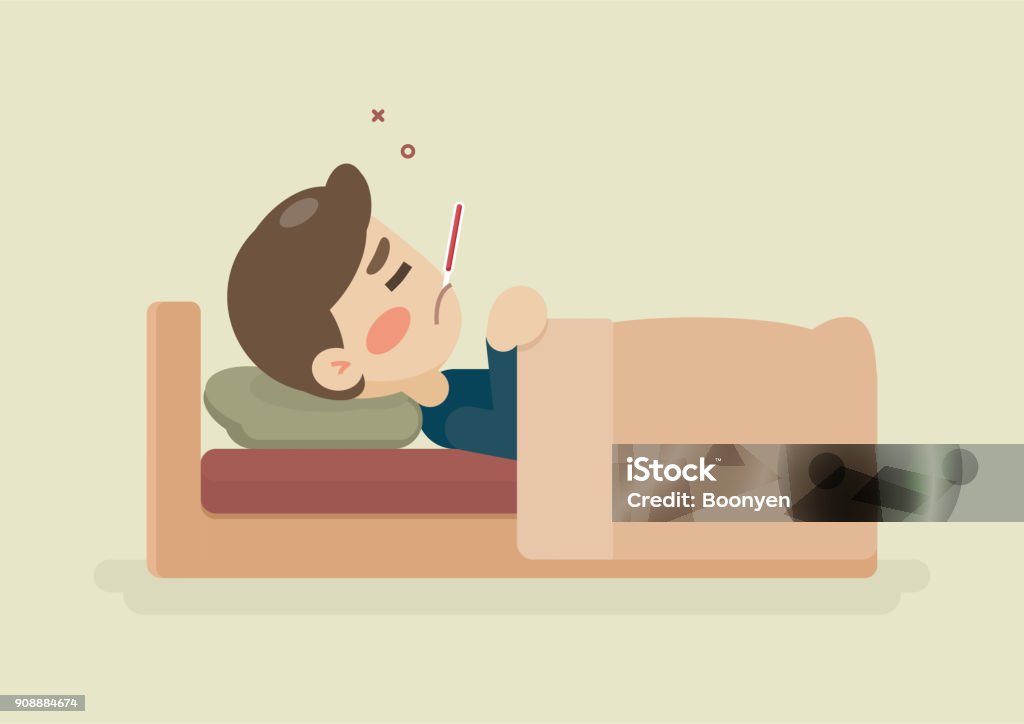 Sick Young Man Lying In Bed With A Thermometer In Mouth Having A Cold  Vector Cartoon Illustration Stock Illustration - Download Image Now - iStock