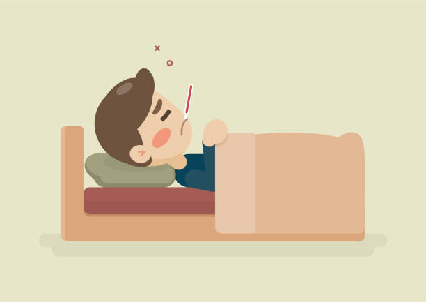 Sick young man lying in bed with a thermometer in mouth, having a cold, vector cartoon illustration. Sick young man lying in bed with a thermometer in mouth, having a cold, vector cartoon illustration. cartoon thermometer stock illustrations