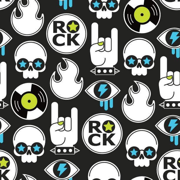 ilustrações de stock, clip art, desenhos animados e ícones de black vector seamless rock pattern with skull and hands - pop art skull backgrounds pattern