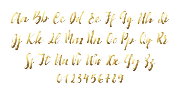라틴어 알파벳 golen입니다. 문자 글꼴 스타일 리본 - gold alphabet text typescript stock illustrations