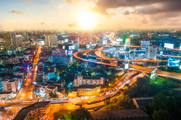 istock Panoramic view Cityscape business district from aerial view high building at dusk (Bangkok, Thailand) 908898070