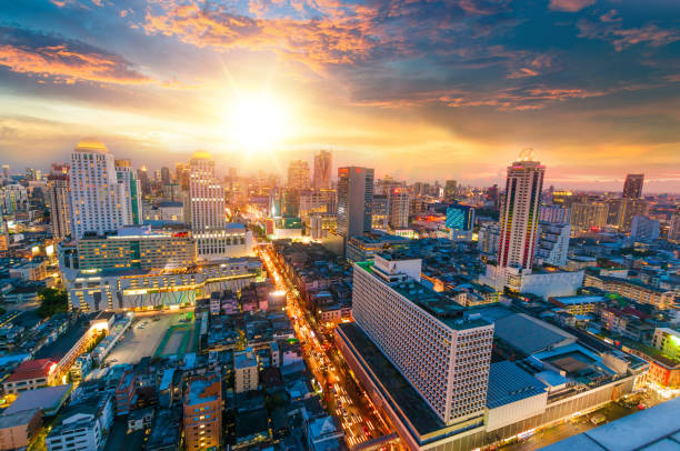 istock Panoramic view Cityscape business district from aerial view high building at dusk (Bangkok, Thailand) 908898192