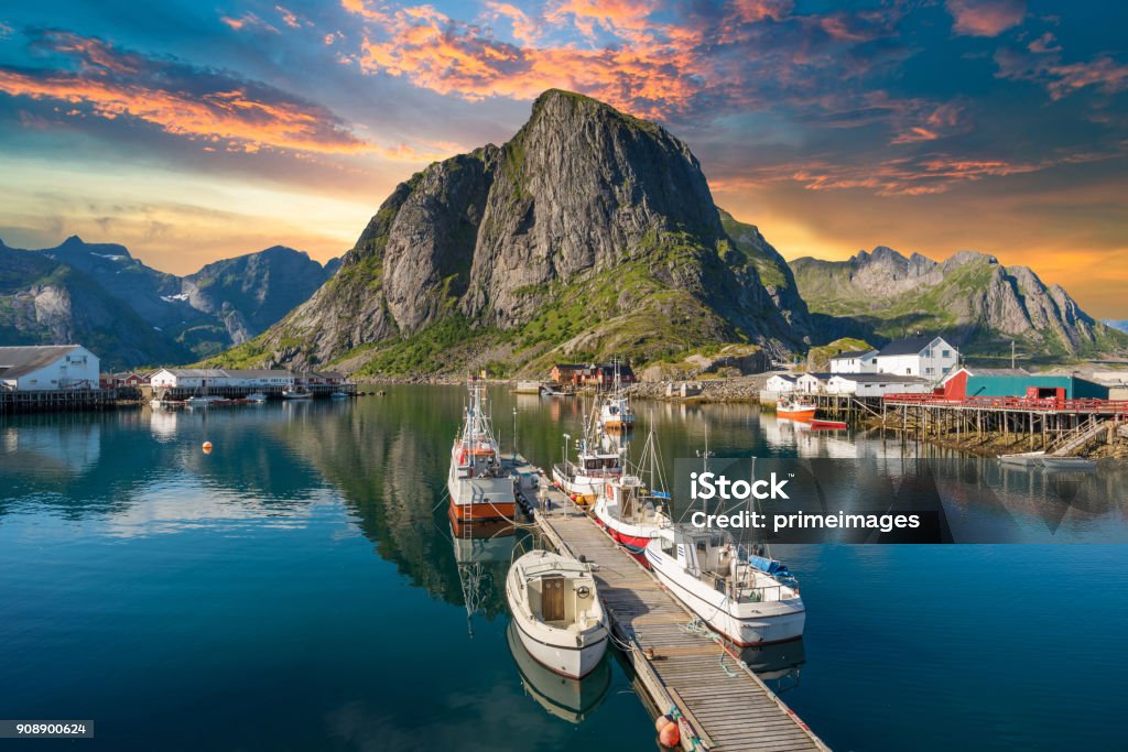 Norway , view of Lofoten Islands in Norway with sunset scenic Norway Stock Photo