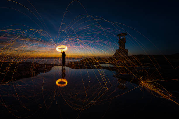 istock Amazing fire steel wool at lighthouse on sunset 908909764