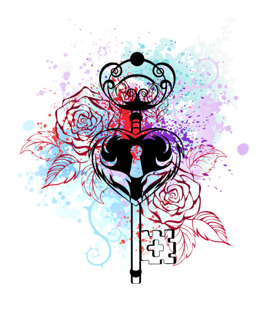 key with roses outline the key with contour bright roses on the colored watercolor paint white. skeleton key tattoo stock illustrations