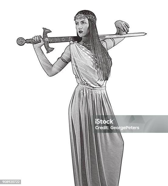 Self Confident Feminist Holding Sword And Wearing Grecianstyle Dress Stock Illustration - Download Image Now