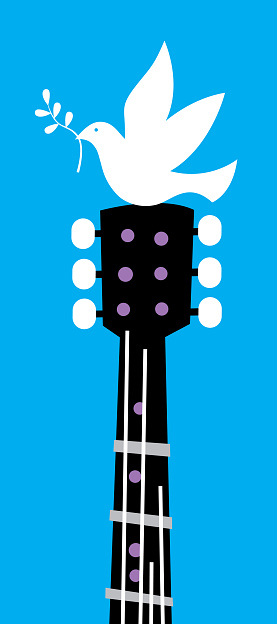 Vector illustration of white peace dove sitting on a guitar head against a blue background.