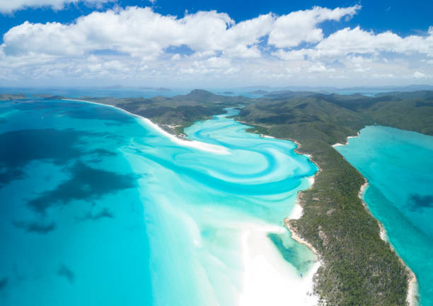 Whitsunday Islands, Great Barrier Reef, Queensland, Australia Huge unique arial panorama of the famous Whitsunday Islands. Hill Inlet Viewpoint. Converted from RAW. great barrier reef marine park stock pictures, royalty-free photos & images