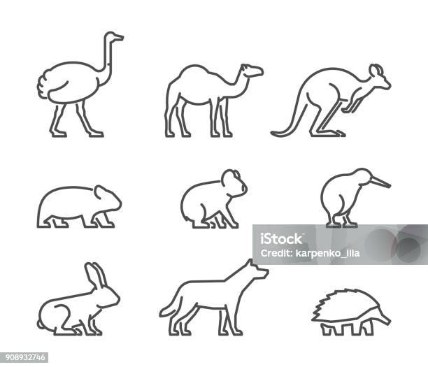 Vector Set Of Linear Australian Animals Stock Illustration - Download Image Now - Icon Symbol, Kangaroo, Australia