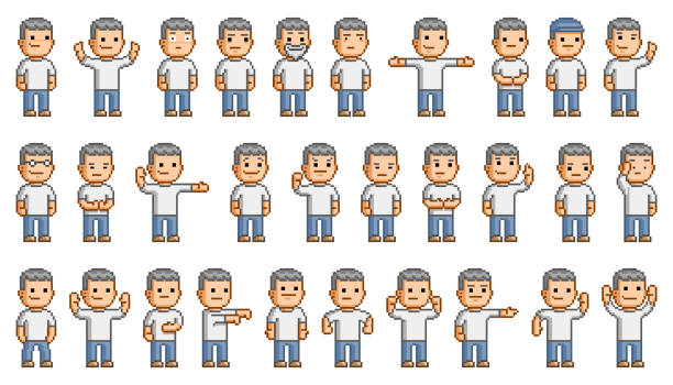 Vector 8-bit pixel art people set Vector 8-bit pixel art people set. Different characters on white background. pixelated face man stock illustrations