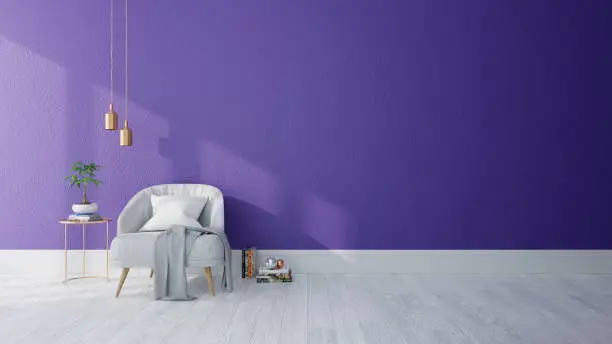 Photo of Modern interior of living room ,Ultraviolet home decor concept, gray armchair  on purple wall and white floor ,3d render