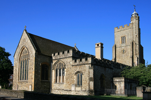 The nave and chancel area in the small church of St Peter and St Paul, a tiny village in Norfolk, Eastern England. The current reconstructed church was built in 1898 and paid for by King Edward VII but the site on which it stands dates back to the 7th century. The font within the church is Norman and much of the stonework within the church is thought to be original.