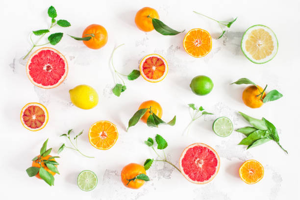 istock Colorful fresh fruits on white bacground. Flat lay, top view 908943710